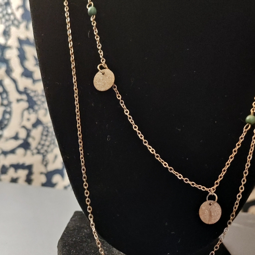 Gold Layered Disc Necklace with Green Bead Accents - Women Jewelry - Picture 4 of 5